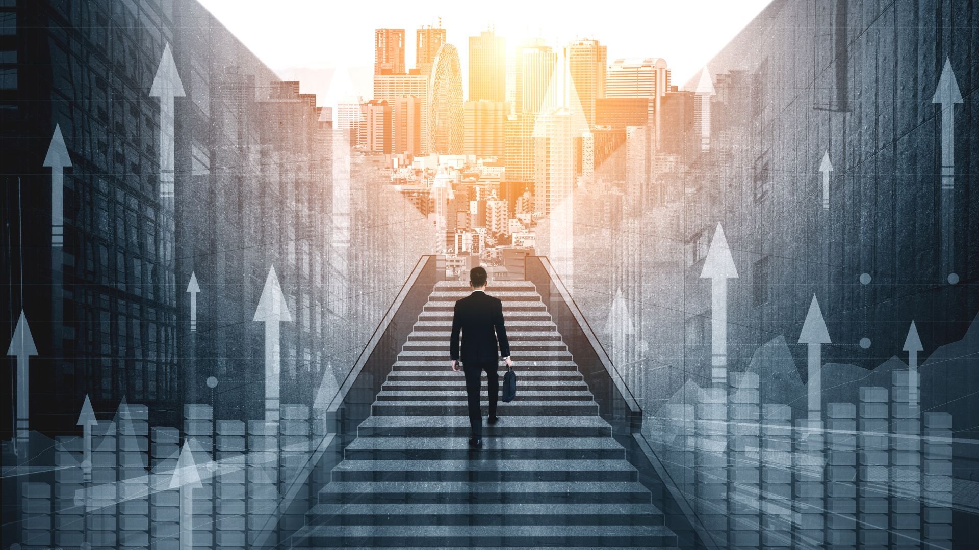 Person climbing stairs towards glowing city, representing career growth and success