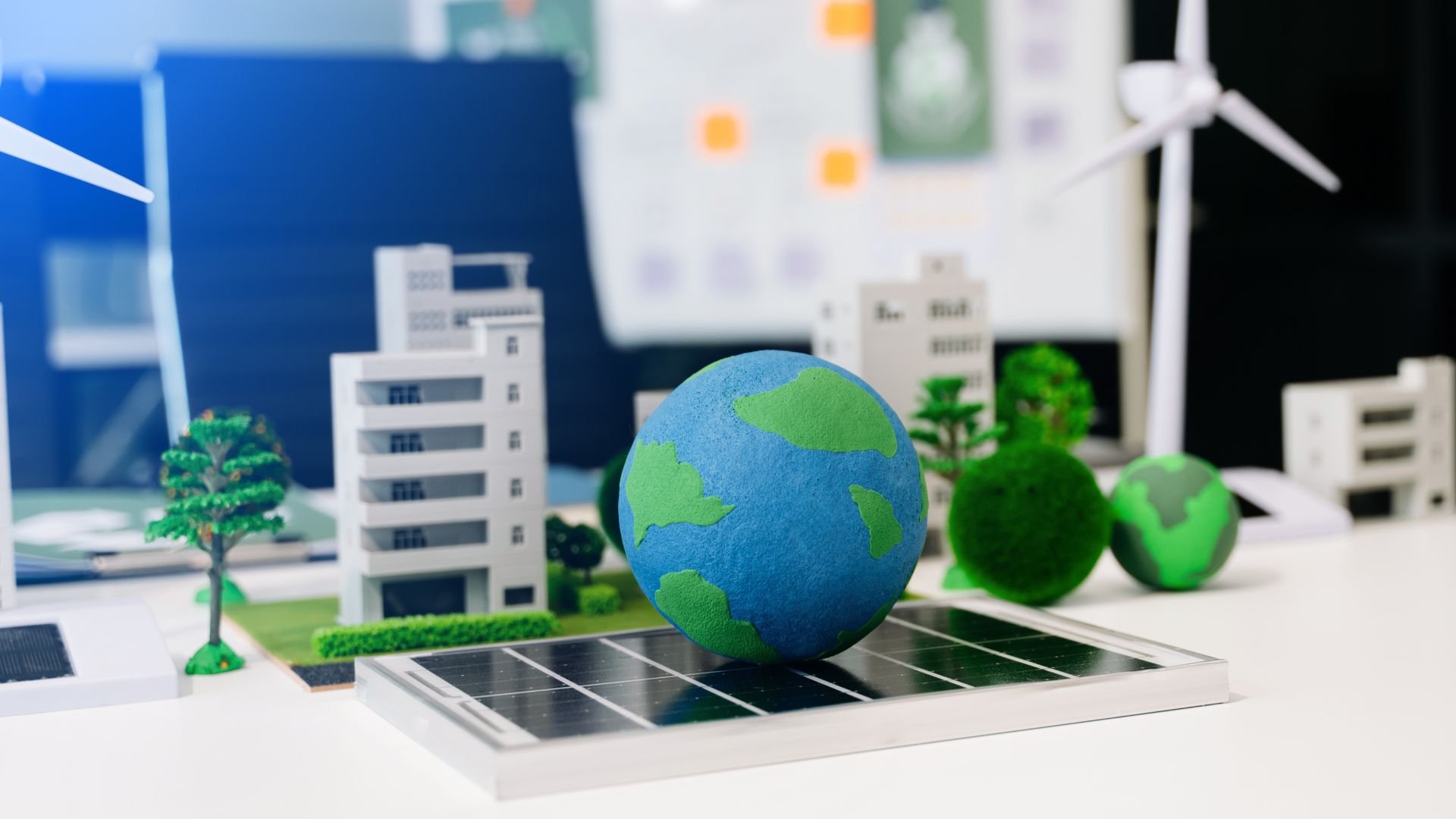 Sustainable urban design model with globe, solar panels, wind turbine, and buildings