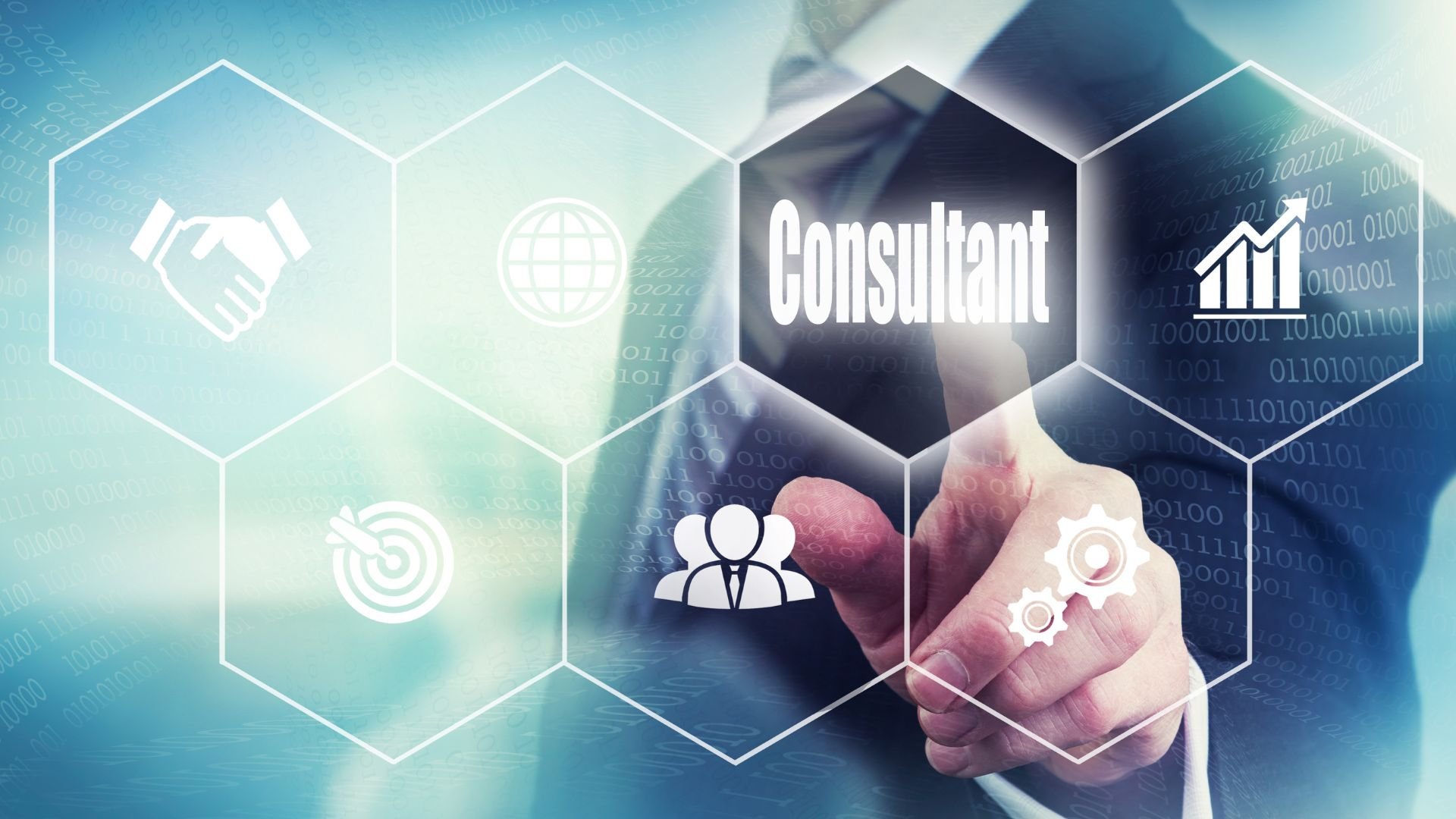 Digital consultant touching interface with business icons and technology background